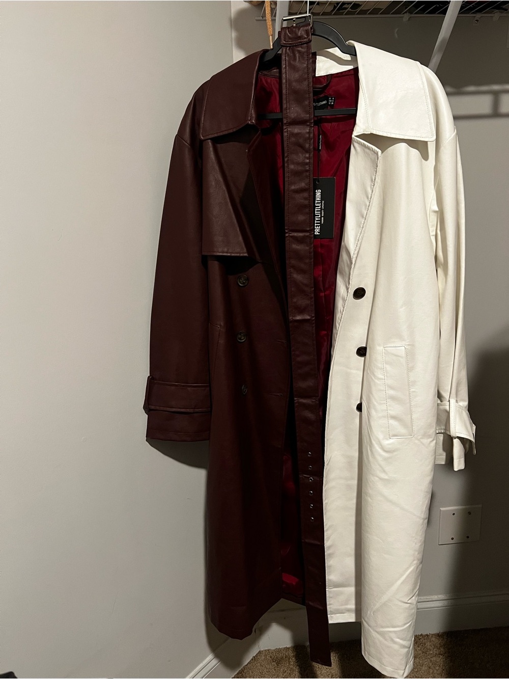 PrettyLittleThing Brown & White Leather Trench Coat